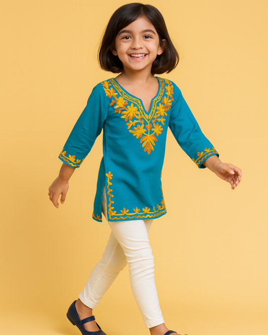 Meher Mustard Blossom Kurta – Blue & Yellow