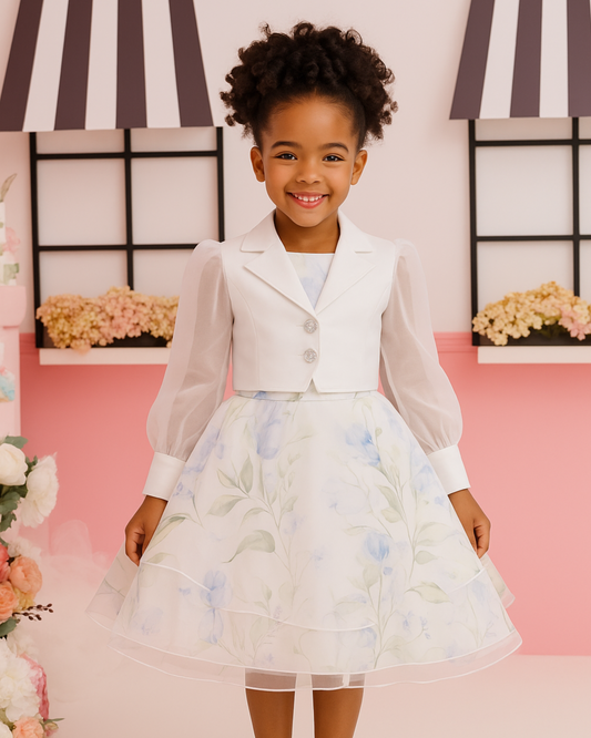 Winter Bloom Floral Dress with White Blazer