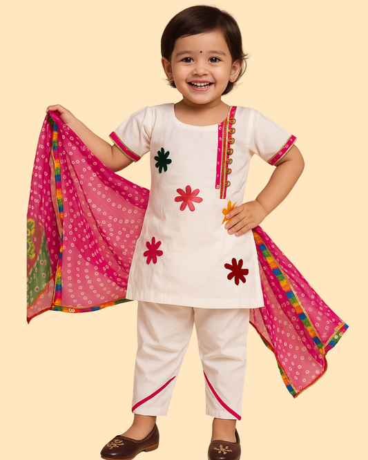 Phoolwari Charm Ethnic Set – White & Bandhani Combo